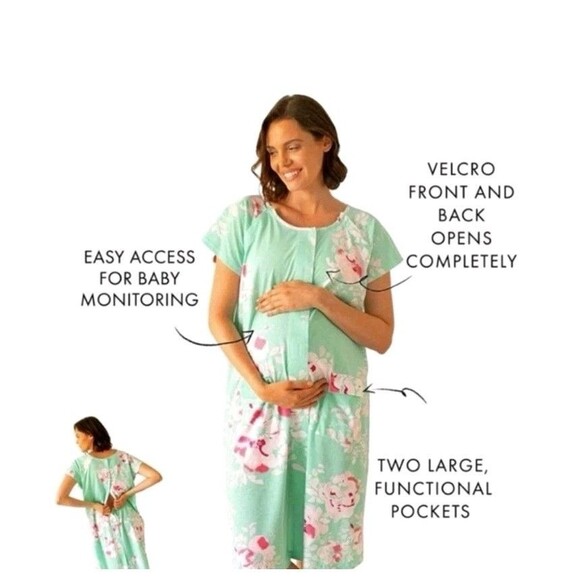 Kindred Bravely Labor Delivery Access Gown Sz S/M/L Mint green floral NWOT - Picture 2 of 7
